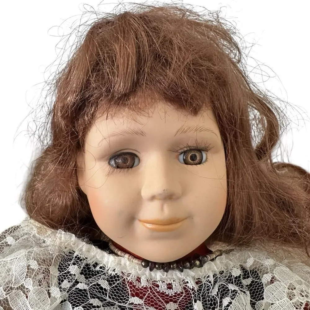 Vintage Victorian Style Girl Doll Burgundy Velvet Dress Lace Trim Collectible